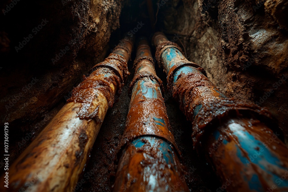Exploring the intricate network of rusty underground pipes at twilight. Generative AI Exploring the intricate network of rusty underground pipes at twilight. Generative AI