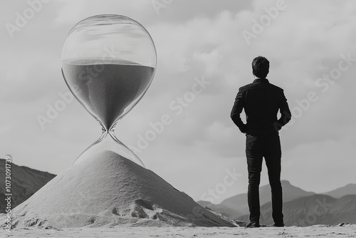 A man contemplates the fleeting nature of existence before a towering sand filled hourglass