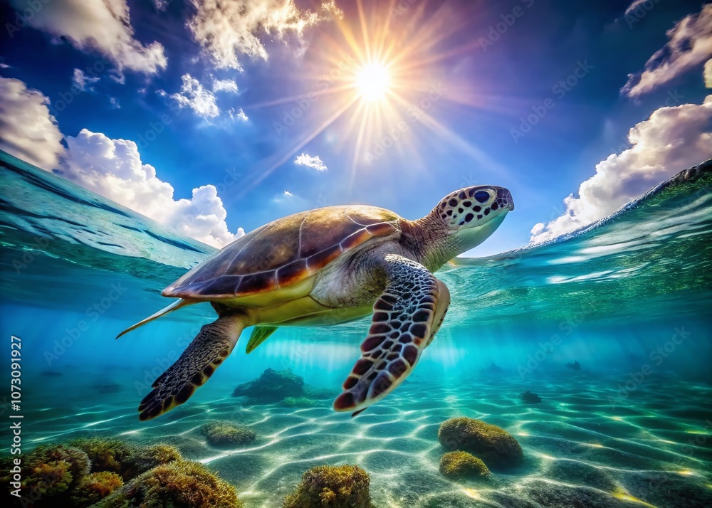 Obraz premium Underwater Scene Featuring a Graceful Turtle Swimming in Crystal Clear Blue Waters Illuminated by Gentle Sunlight Rays for Stunning Urban Exploration Photography