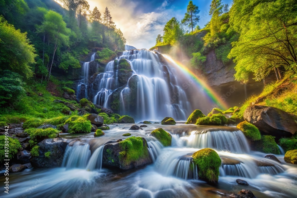 Majestic Waterfall Cascading Over Rocks in Lush Green Forest Surrounded by Nature's Beauty and Serenity, Capturing the Power and Tranquility of a Rushing Stream Majestic Waterfall Cascading Over Rocks in Lush Green Forest Surrounded by Nature's Beauty and Serenity, Capturing the Power and Tranquility of a Rushing Stream