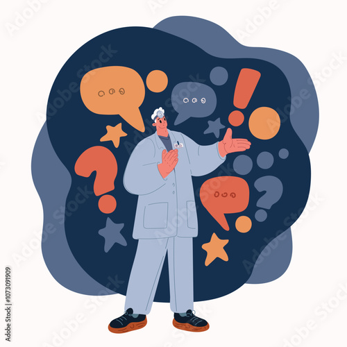 Cartoon vector illustration of a male ENT doctor providing medical advice, symbolizing healthcare expertise, patient education, and professional care over dark background