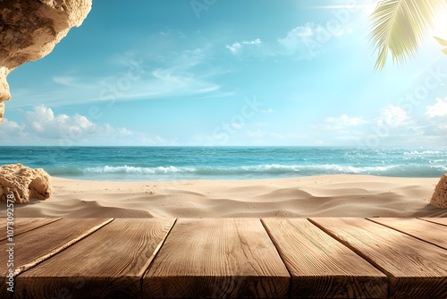 Beautiful Outdoor Wooden Table with Smooth Finish by the Beach, Surrounded by Natural Light and a Stunning Ocean View Under Clear Blue Skies