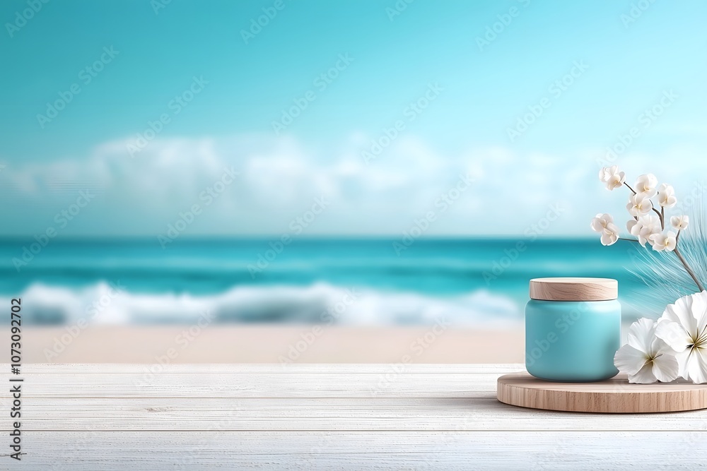Tranquil Beach Scene Featuring a Light Wooden Table with Soft Polished Finish and Elegant Decorations by the Ocean with a Serene Blue Background Tranquil Beach Scene Featuring a Light Wooden Table with Soft Polished Finish and Elegant Decorations by the Ocean with a Serene Blue Background