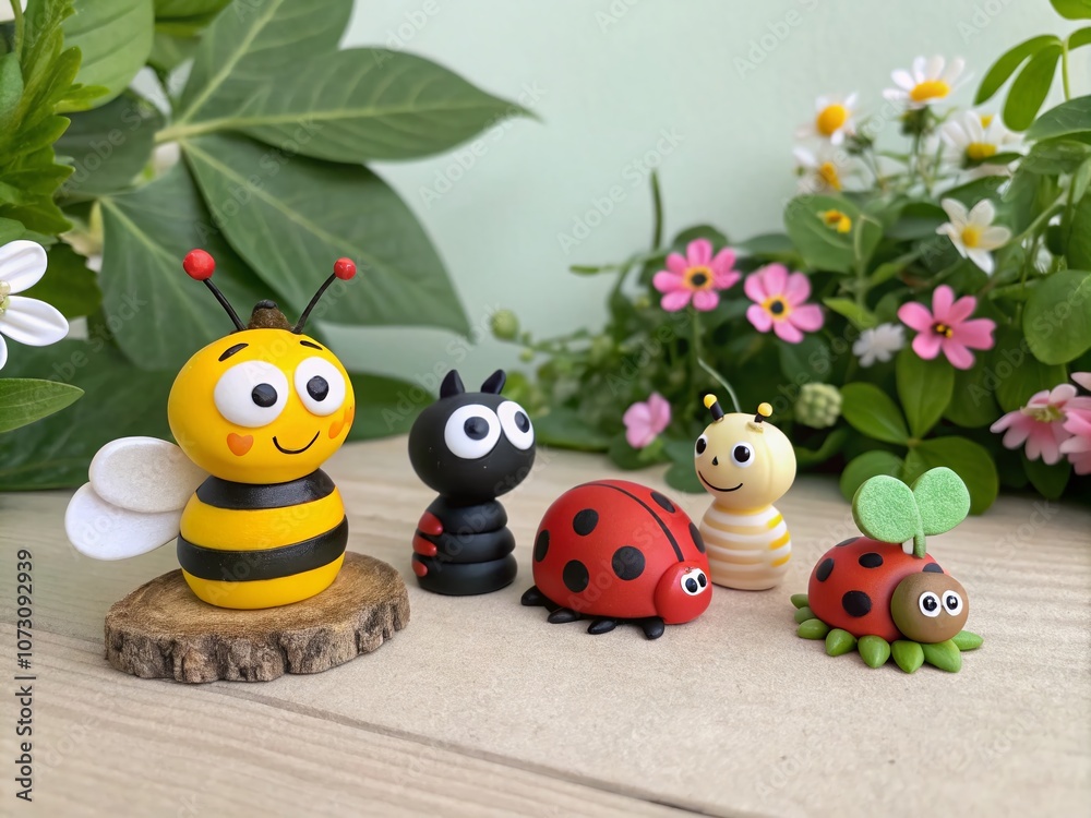 Obraz premium Minimalist Cartoon Characters of Bees, Spiders, Lady Bugs, Caterpillars, Butterflies, and Ants in a Vibrant Nature Setting for Kids' Decor and Educational Materials