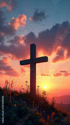 Serene Sunset Landscape with Wooden Cross: Faith Symbol on Hilltop for Religious Imagery, Spiritual Reflection