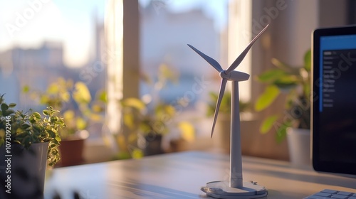 A small wind turbine model in an office surrounded by natural light and greenery photo