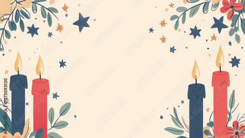 Flat illustration of Hanukkah blessing card with candles and stars, featuring elegant, festive design. Hanukkah Flat illustration of Hanukkah blessing card with candles and stars, featuring elegant, festive design. Hanukkah