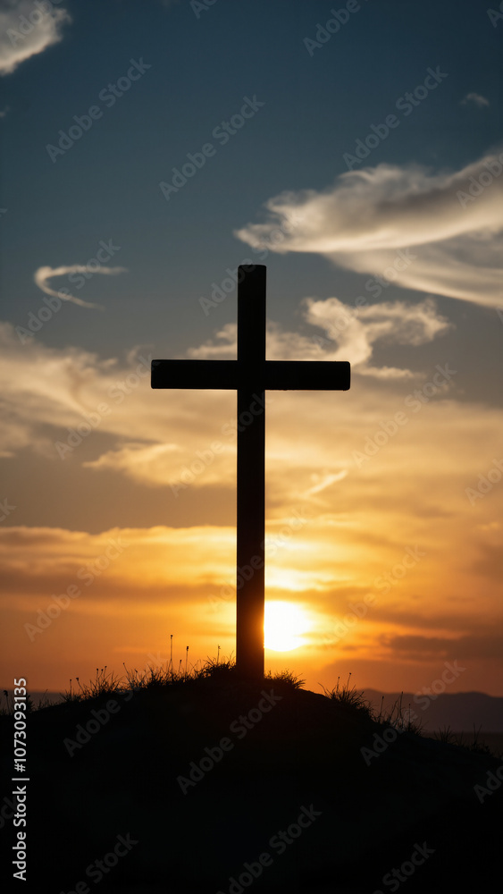 Silhouette of Cross at Sunset: Spiritual Landscape for Religious Websites, Church Bulletins, or Inspirational Media Silhouette of Cross at Sunset: Spiritual Landscape for Religious Websites, Church Bulletins, or Inspirational Media