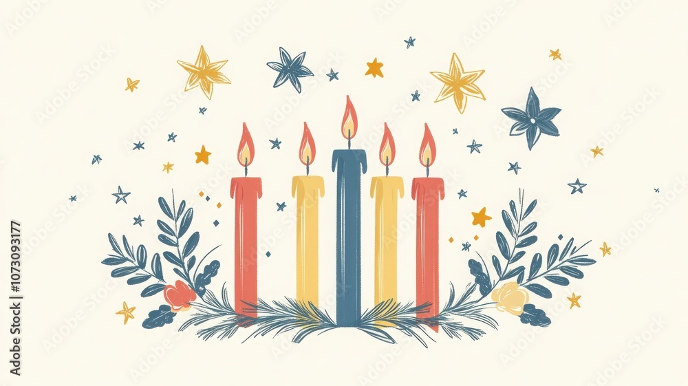Hanukkah blessing card in flat style, surrounded by stars and candles for sacred, joyful ambiance. Hanukkah