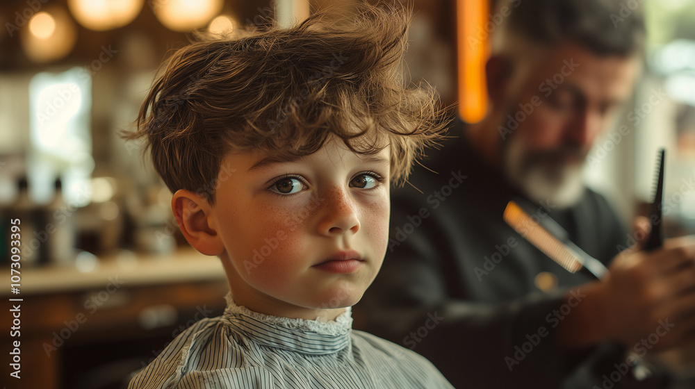 A young boy sits in a barber chair, looking thoughtfully into the distance while getting a haircut. The warm, vintage lighting and blurred background of the barber A young boy sits in a barber chair, looking thoughtfully into the distance while getting a haircut. The warm, vintage lighting and blurred background of the barber