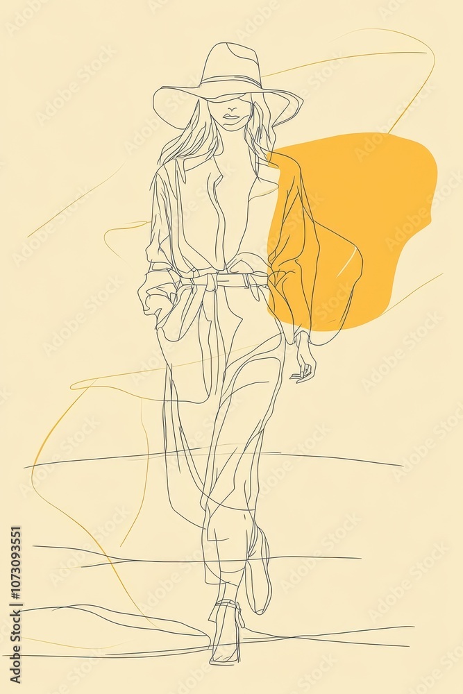 A minimal abstract single line art of a woman walking in fashionable clothing hat , facing camera, hand-drawn style minimalist line art, beige colors and sunny yellow tones, cream-colored background A minimal abstract single line art of a woman walking in fashionable clothing hat , facing camera, hand-drawn style minimalist line art, beige colors and sunny yellow tones, cream-colored background