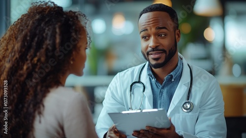 A doctor, possibly of African descent, consults with a patient in a modern clinic, showcasing a caring interaction in a professional setting. photo