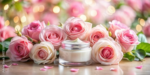 Minimalistic Beauty Product Mockup Surrounded by Delicate Pink Roses for Skincare Promotions and Floral Themes, Ideal for Elegant Marketing and Aesthetic Displays photo