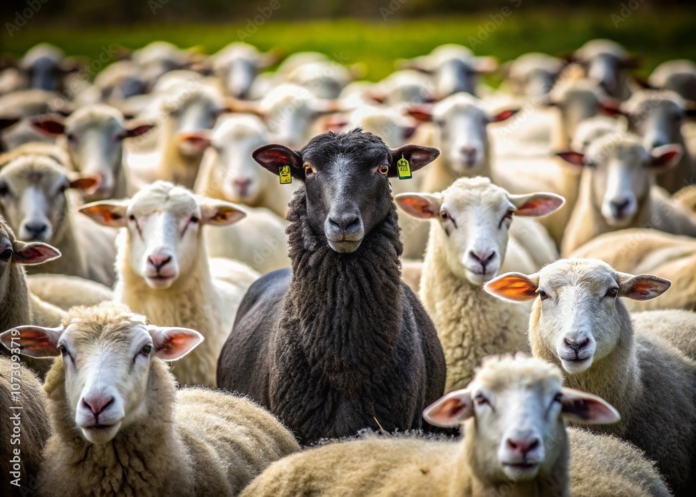 Obraz premium Unique Black Sheep Among White Sheep Illustrating Individuality and Diversity in Business Settings, Emphasizing the Importance of Standing Out in a Competitive Environment