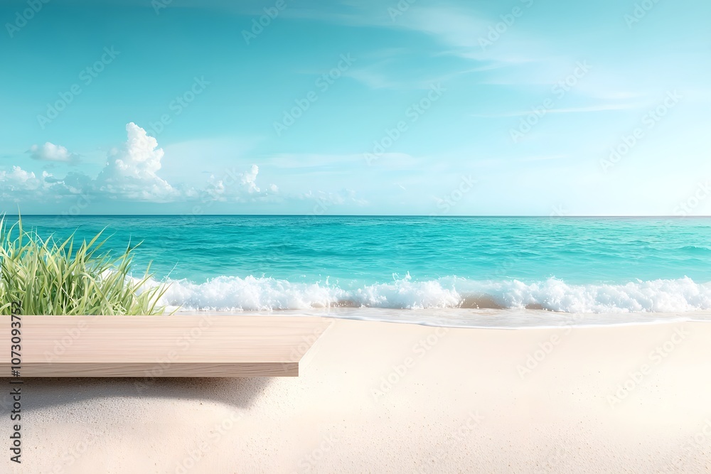 Softly Blurred Gentle Light Over Polished Wood Table Set Against Vibrant Beach and Ocean Background with Calm Waves and Clear Sky Softly Blurred Gentle Light Over Polished Wood Table Set Against Vibrant Beach and Ocean Background with Calm Waves and Clear Sky