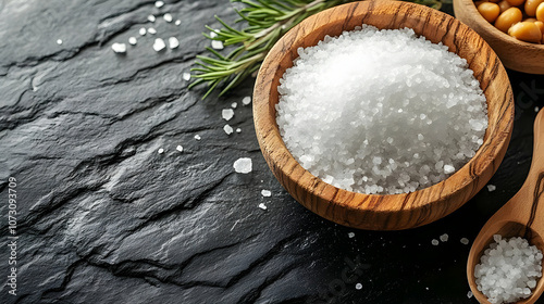 Sea Salt in Wooden Bowl on Black Stone Background - Food Photography