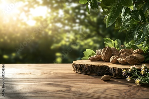 Polished Wooden Table Highlighting Rich Warm Brown Color with Almonds and Fresh Green Foliage in a Natural Setting