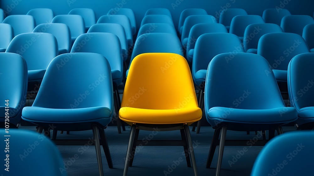 Fototapeta premium Yellow color chair and a lot of blue chairs for cinema or presentation conference arrangement