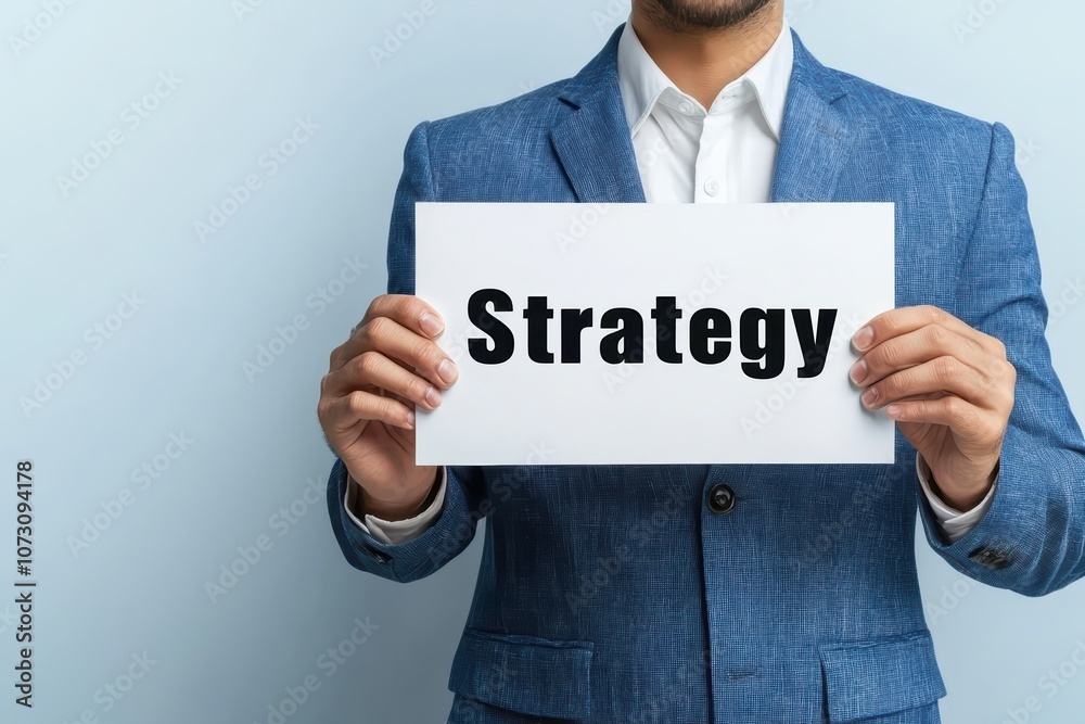 Professional holding a sign with the word 'Strategy', symbolizing planning and business development. Professional holding a sign with the word 'Strategy', symbolizing planning and business development.