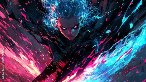 Fierce Dark Mage Wielding Vibrant Swirling Blue and Pink Energy in Dramatic Shadow Fantasy Concept Art