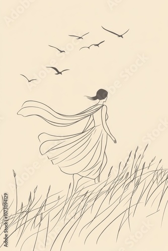 A minimal single line art of a woman with a flowing scarf, running through an open meadow with birds flying overhead, symbolizing her spirit of freedom, hand-drawn style minimalist line art, beige  photo