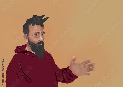 Portrait of a bearded man in a red hoodie 