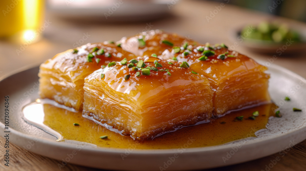 Close-up of sweet honey-drenched baklava dessert with chopped pistachios on a plate Close-up of sweet honey-drenched baklava dessert with chopped pistachios on a plate