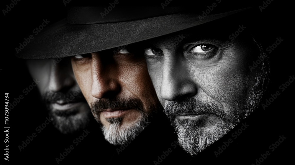 Three men in dark hats with intense expressions, showcasing individual characters through shadows and contrasts in a dramatic setting Three men in dark hats with intense expressions, showcasing individual characters through shadows and contrasts in a dramatic setting