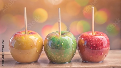 A trio of colorful candy apples on a wooden surface with a blurry background of bokeh lights. photo