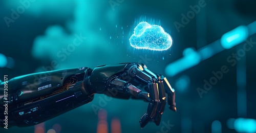 Robot hand Connection in a Digital Landscape with  Blue glowing cloud with a circuit board below it cloud concept . 