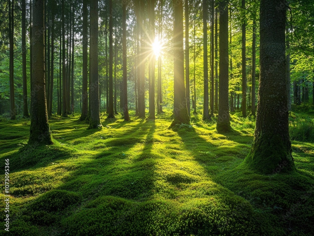 Lush Green Forest Bathed in Warm Sunlight and Verdant Shadows Lush Green Forest Bathed in Warm Sunlight and Verdant Shadows