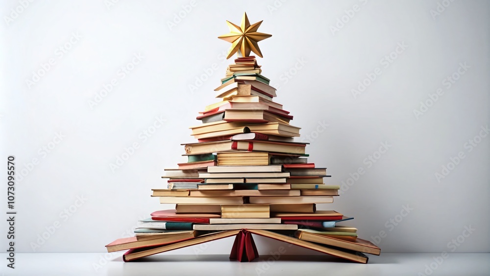 Modern Christmas Tree Decoration Made from Stacks of Books Isolated on White Background - Unique Holiday Decor Concept for Book Lovers Modern Christmas Tree Decoration Made from Stacks of Books Isolated on White Background - Unique Holiday Decor Concept for Book Lovers