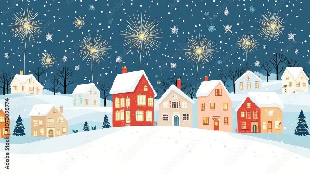 Fototapeta premium Serene Winter Village Night Skyline with Festive Lights and New Year's Fireworks