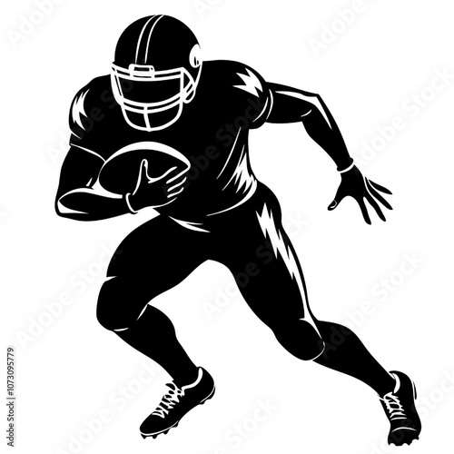 American Football Player Silhouette: Powerful vector illustration of an American football player in dynamic action, showcasing strength, speed, and determination.  Perfect for sports-themed designs. 