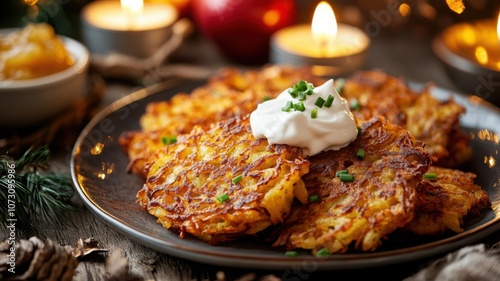 Plate of golden, crispy latkes with sour cream and chives on rustic table, surrounded by warm Hanukkah decor. Hanukkah photo