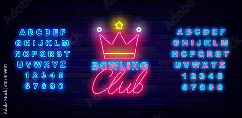 Bowling club neon label. Royal crown. Sport winning sign on brick wall. Vector stock illustration