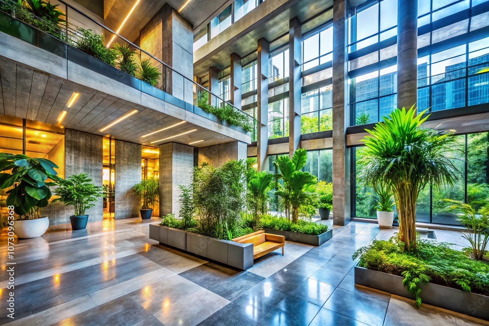 Modern Lobby Featuring Concrete Architecture and Lush Greenery, Blending Industrial Design with Nature for a Welcoming Atmosphere in Contemporary Spaces Modern Lobby Featuring Concrete Architecture and Lush Greenery, Blending Industrial Design with Nature for a Welcoming Atmosphere in Contemporary Spaces