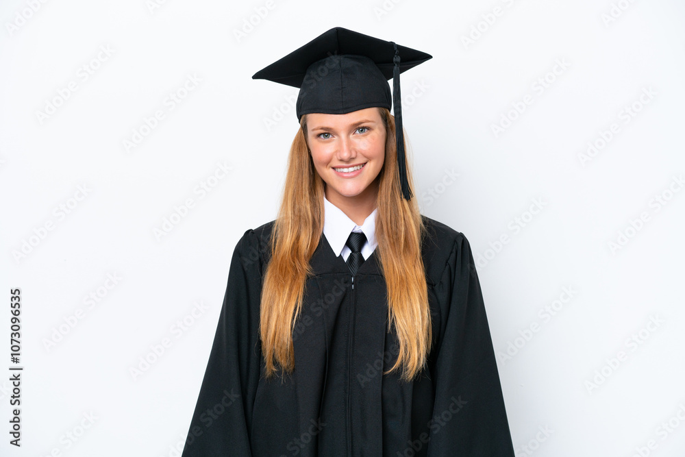 Young university graduate caucasian woman isolated on white background laughing Young university graduate caucasian woman isolated on white background laughing