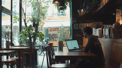 Cozy workspace in a cafe with plants. photo