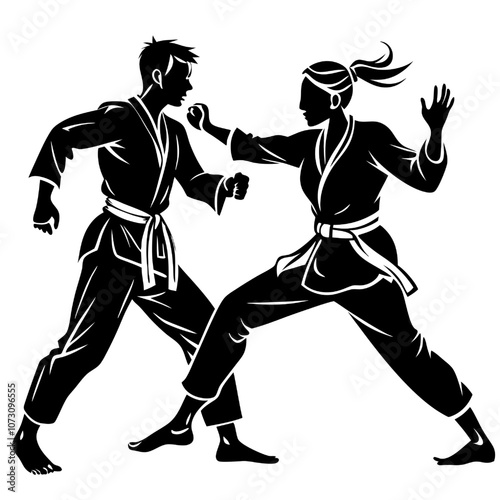 Martial Arts Showdown: Intense Silhouette of a Male and Female Karateka Sparring