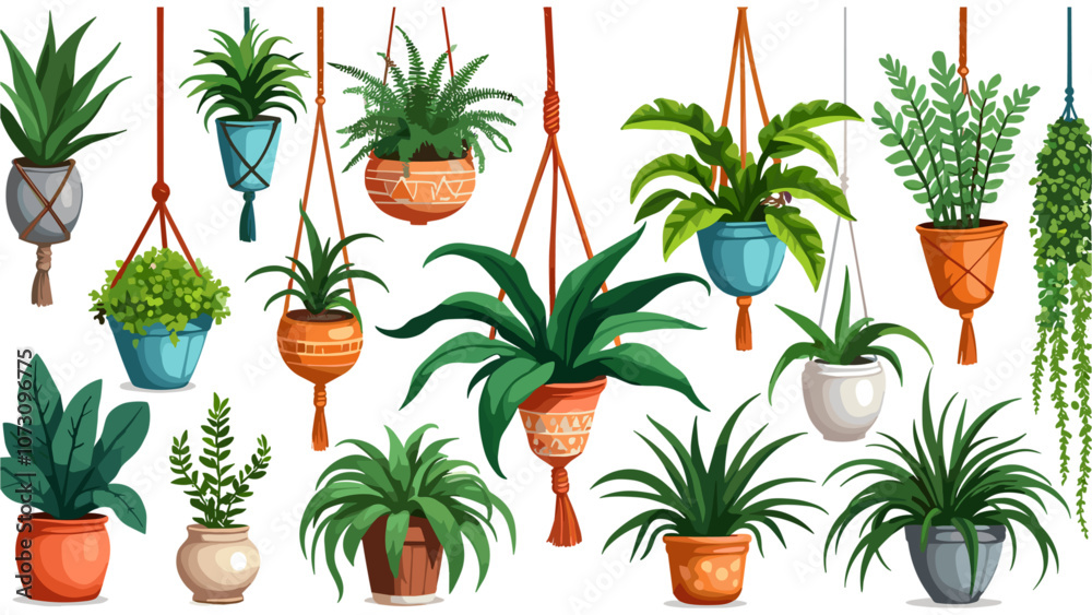 Fototapeta premium Set of macrame hangers for plants growing in pots. Bundle of hanging planters made of cotton cord, beautiful handmade home decorations isolated on white background. Cartoon flat vector illustration.