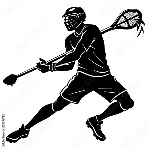 Lacrosse Player in Action: Dynamic Silhouette of a Lacrosse Athlete in mid-stride, poised to strike. A powerful image capturing speed, skill, and determination. 