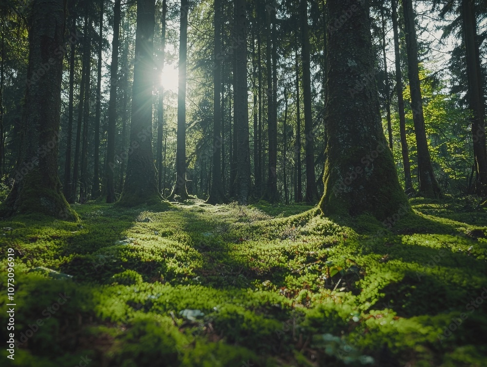 Obraz premium Lush Green Forest with Sunlit Trails and Verdant Vegetation