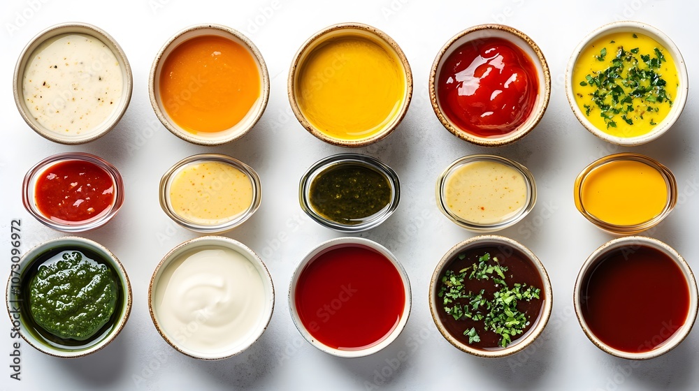 A variety of colorful sauces in bowls arranged on a surface. A variety of colorful sauces in bowls arranged on a surface.
