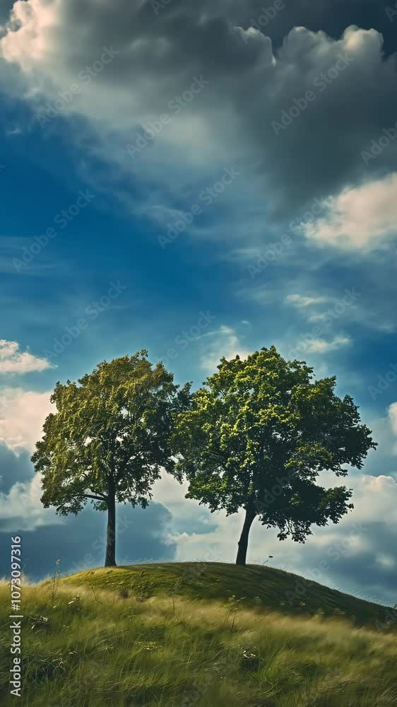 trees on a grassy hill under dramatic cloudy sky, serene nature scenery trees on a grassy hill under dramatic cloudy sky, serene nature scenery