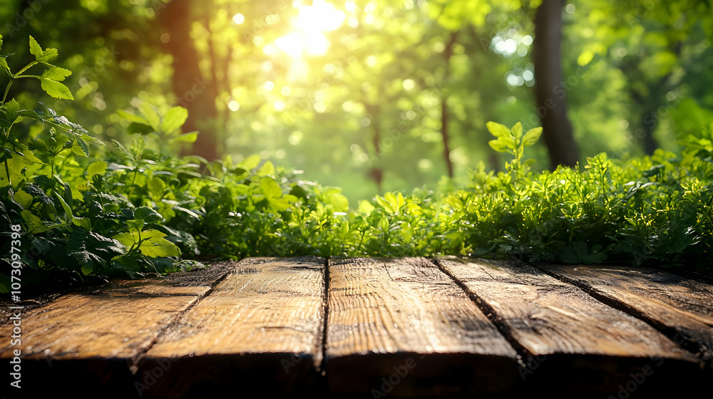 Wooden Tabletop in Sunny Forest - Background Illustration Wooden Tabletop in Sunny Forest - Background Illustration