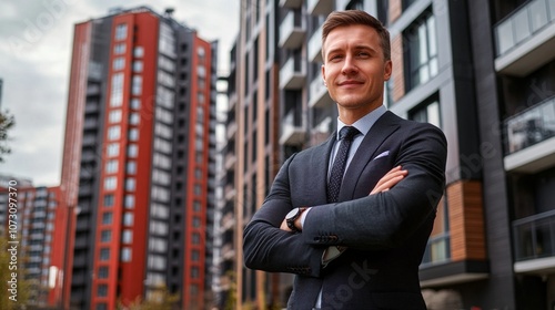 Wallpaper Mural A man in a suit and tie stands in front of a building with his arms crossed Torontodigital.ca