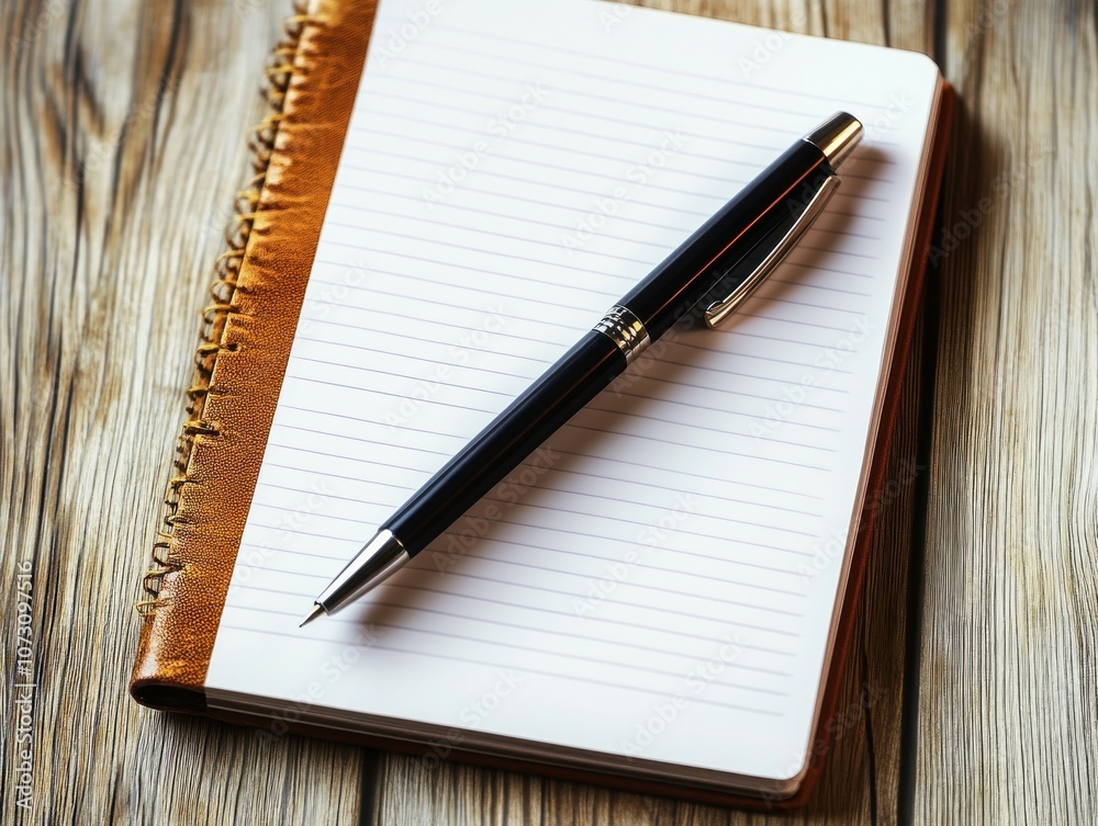 Elegant Notebook with Ballpoint Pen on Wooden Table Elegant Notebook with Ballpoint Pen on Wooden Table