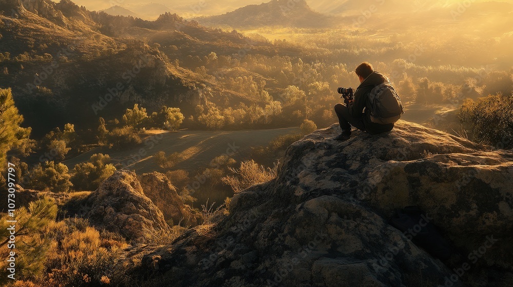 A solitary figure enjoys nature's beauty on a rocky landscape during sunset. A solitary figure enjoys nature's beauty on a rocky landscape during sunset.