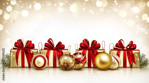 Gold gift boxes with red ribbons, accompanied by elegant Christmas ornaments against a festive, snowflake-adorned background.